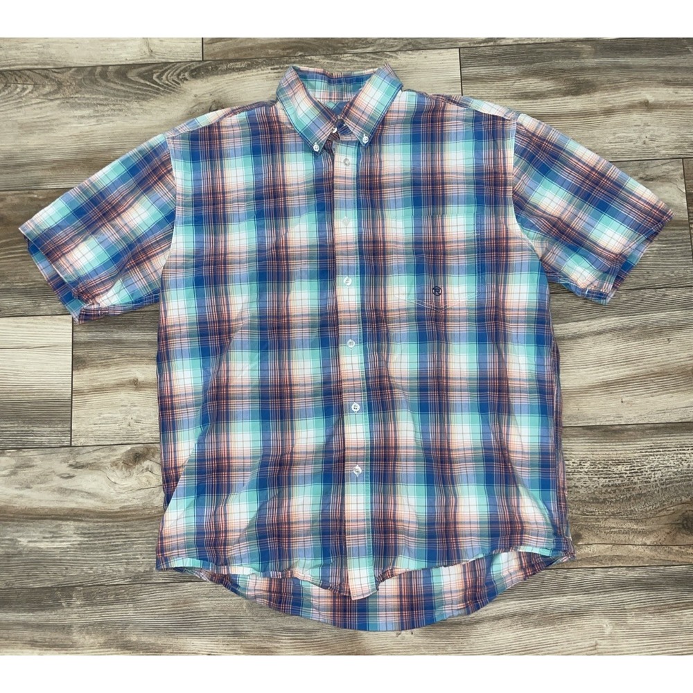 Roper Mens L Western Plaid Button Up Shirt Short Sleeve Blue Geometric Cowboy
